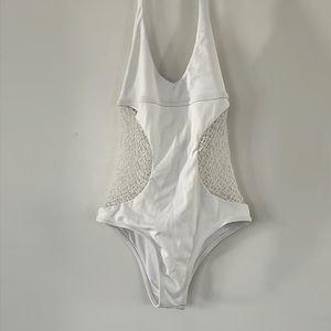 Uia Swimwear White One Piece Mesh Fishnet Swim Suit LARGE Cutout Party